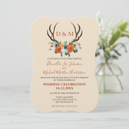Rustic Floral Antlers BOHO Wedding Kaart (Staand voorkant)