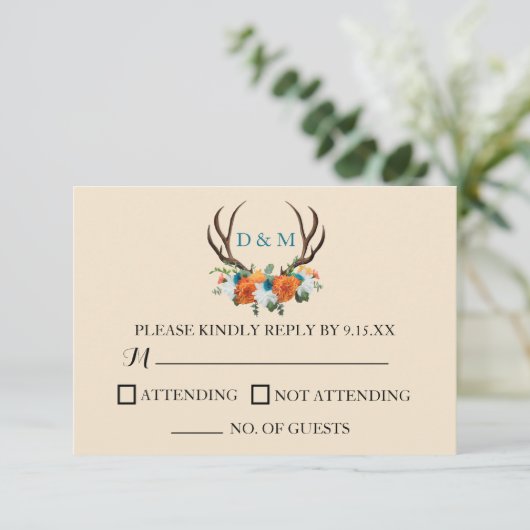 Rustic Floral Antlers BOHO Wedding RSVP Card (Staand voorkant)