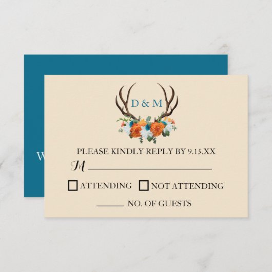 Rustic Floral Antlers BOHO Wedding RSVP Card (Voorkant / Achterkant)