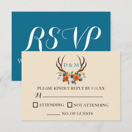 Rustic Floral Antlers BOHO Wedding RSVP Card Kaartje (Voorkant / Achterkant)