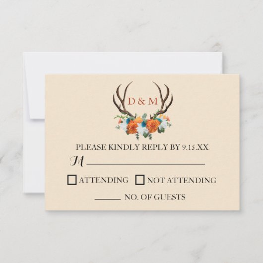 Rustic Floral Antlers BOHO Wedding RSVP Kaartje (Voorkant)