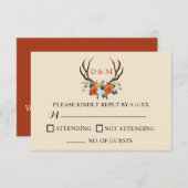 Rustic Floral Antlers BOHO Wedding RSVP Kaartje (Voorkant / Achterkant)
