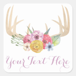 Rustic Floral Antlers gekleurd in Waterverf stijl Vierkante Sticker