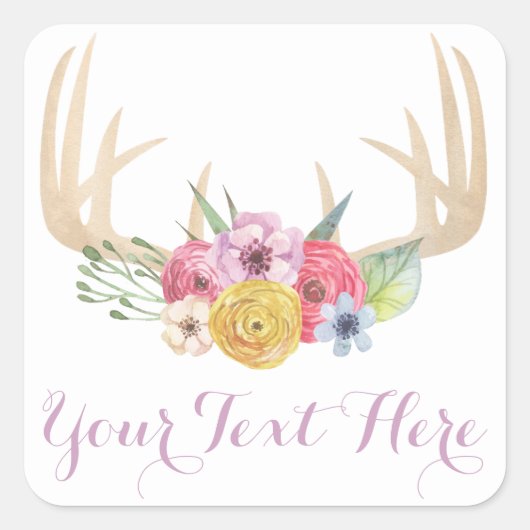 Rustic Floral Antlers gekleurd in Waterverf stijl Vierkante Sticker (Voorkant)
