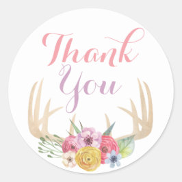 Rustic Floral Antlers Painted Watercolor Thank You Ronde Sticker