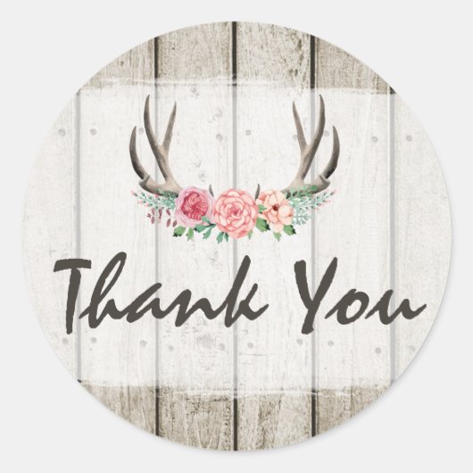 Rustic Floral Antlers Shabby Chic Rozen Hartelijk  Ronde Sticker (Voorkant)