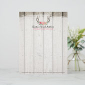 Rustic Floral Antlers Shabby Chic Rozen & Wood Gepersonaliseerd Briefhoofd (Staand voorkant)
