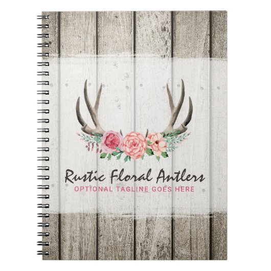 Rustic Floral Antlers Shabby Chic Rozen & Wood Notitieboek (Voorkant)