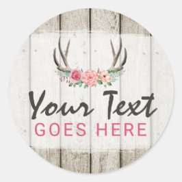 Rustic Floral Antlers Shabby Chic Rozen & Wood Ronde Sticker
