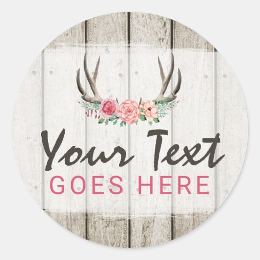 Rustic Floral Antlers Shabby Chic Rozen & Wood Ronde Sticker (Voorkant)