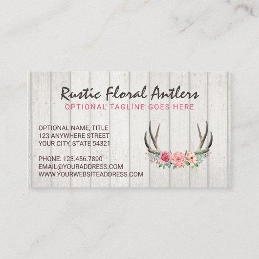 Rustic Floral Antlers Shabby Chic Rozen & Wood Visitekaartje (Achterkant)