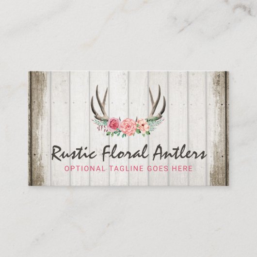 Rustic Floral Antlers Shabby Chic Rozen & Wood Visitekaartje (Voorkant)