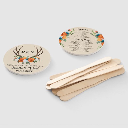 Rustic Floral Antlers Wedding Ceremony Programme Handwaaier (Niet-gemonteerd)