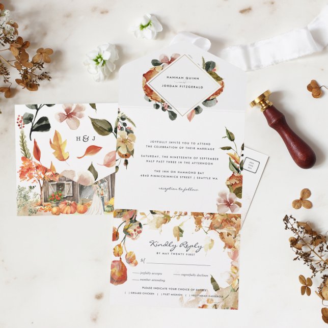 Rustic Floral Autumn Barn Wedding | Fall Leaves All In One Uitnodiging