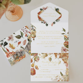 Rustic Floral Autumn Barn Wedding | Fall Leaves All In One Uitnodiging