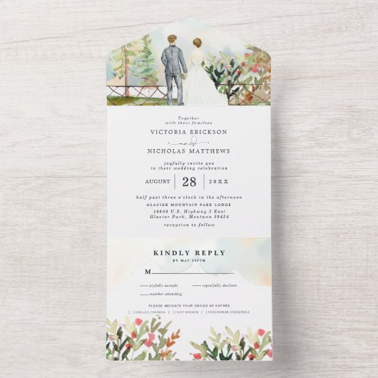 Rustic Floral Autumn Mountain Wedding All In One Uitnodiging (Binnen)