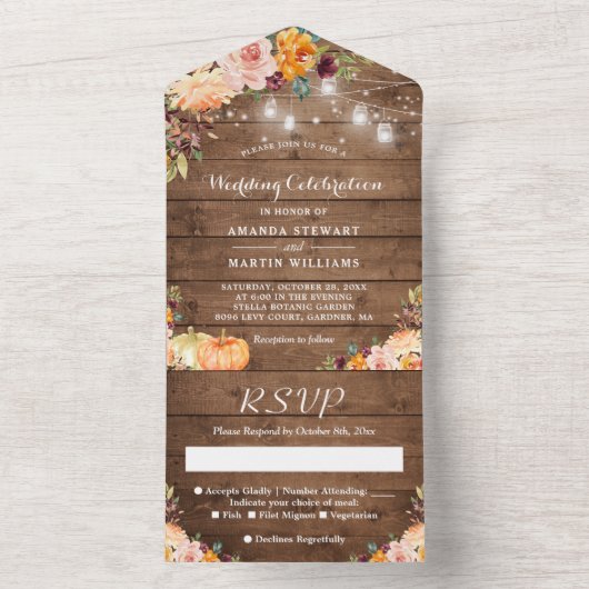 Rustic Floral Autumn Pumpkin String Lights Wedding All In One Uitnodiging (Binnen)