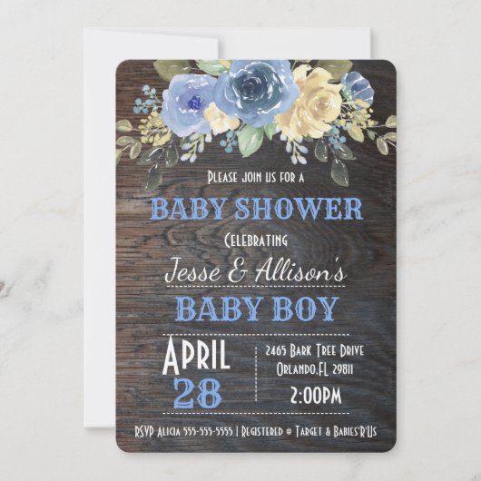 Rustic Floral Baby Boy Baby shower Uitnodiging (Voorkant)