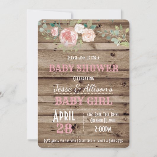 Rustic Floral Baby Girl Baby shower Uitnodiging (Voorkant)