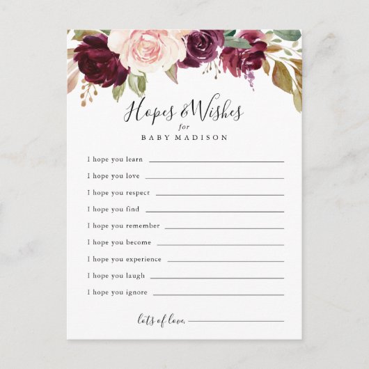 Rustic Floral Baby shower Hopes & Wishes card Briefkaart (Voorkant)