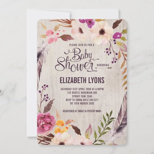 Rustic Floral Baby shower Invitation Boho Party Kaart (Voorkant)
