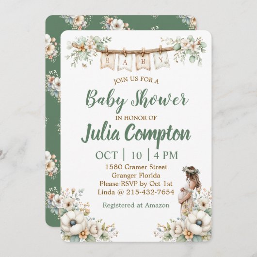 Rustic Floral Baby Shower Invitation  Feestdagenkaart (Voorkant / Achterkant)