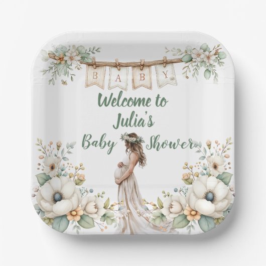 Rustic Floral Baby Shower  Papieren Bordje (Voorkant)