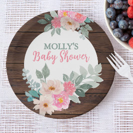 Rustic Floral Baby Shower Round Plate Papieren Bordje