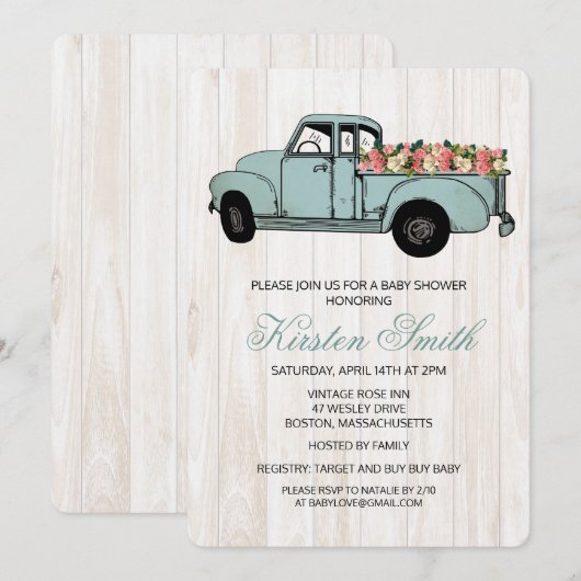 Rustic Floral Baby shower Truck Invitation Kaart (Voorkant / Achterkant)