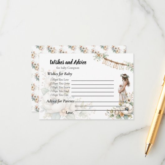 Rustic Floral Baby Shower Wishes and Advice Informatiekaartje (Voorkant / Achterkant in situ)