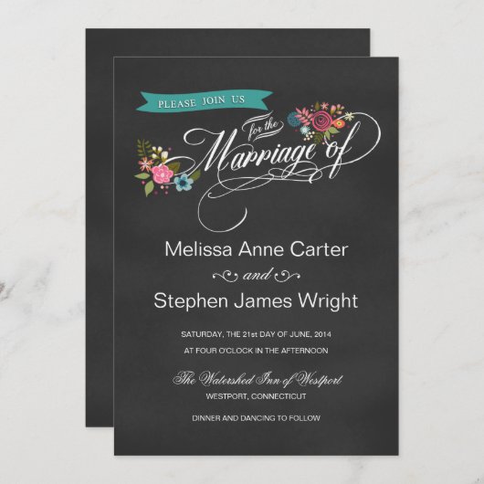 Rustic Floral Banner Chalkboard Wedding Invites Kaart (Voorkant / Achterkant)