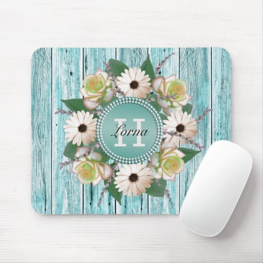 Rustic Floral Barn Wood Monogram Muismat (Met muis)