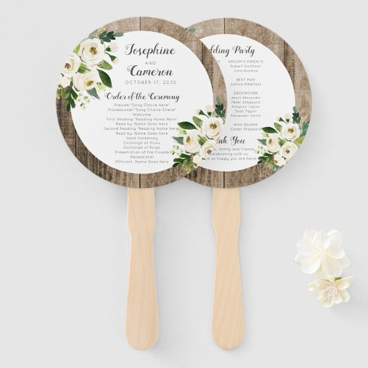Rustic Floral Barn Wood Wedding Ceremony Programme Handwaaier (Voorkant en achterkant)