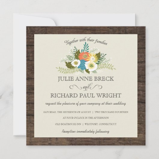 Rustic Floral Barn Wood Wedding Invitations Kaart (Voorkant)