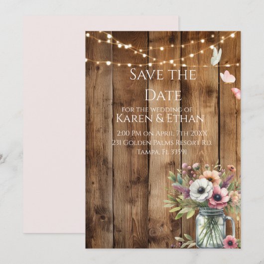 Rustic Floral Blossoms Save the Date Invitation  Kaart (Voorkant / Achterkant)