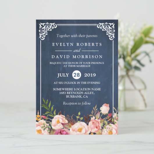 Rustic Floral Blue Chalkboard - officieel huwelijk Kaart (Staand voorkant)