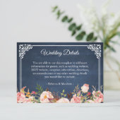 Rustic Floral Blue Chalkboard Wedding Details Informatiekaartje (Staand voorkant)
