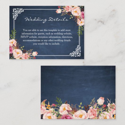 Rustic Floral Blue Chalkboard Wedding Insert Kaart (Voorkant / Achterkant)