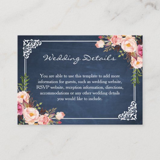 Rustic Floral Blue Chalkboard Wedding Insert Kaart (Voorkant)