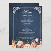 Rustic Floral Blue Chalkboard Wedding Menu (Voorkant / Achterkant)