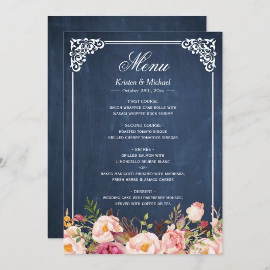 Rustic Floral Blue Chalkboard Wedding Menu (Voorkant / Achterkant)