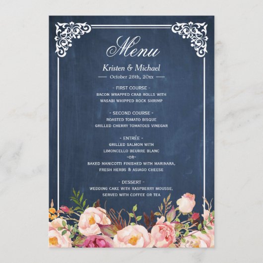 Rustic Floral Blue Chalkboard Wedding Menu (Voorkant)