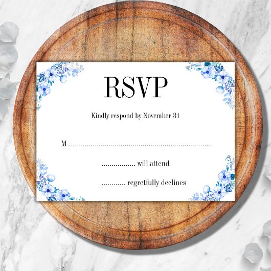 Rustic Floral Blue Waterverf Flowers Wedding RSVP