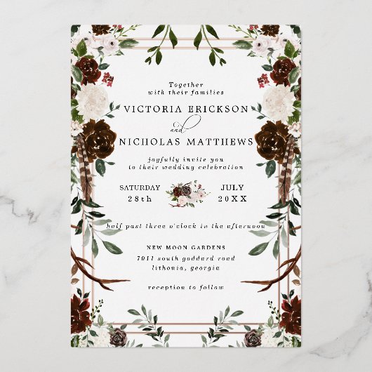 Rustic Floral | Boho Botanical Wedding Invitation Folie Uitnodiging (Voorkant)