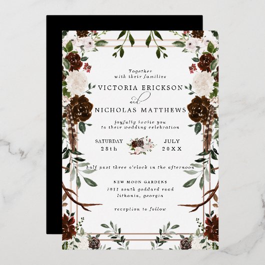 Rustic Floral | Boho Botanical Wedding Invitation Folie Uitnodiging (Voorkant / Achterkant)