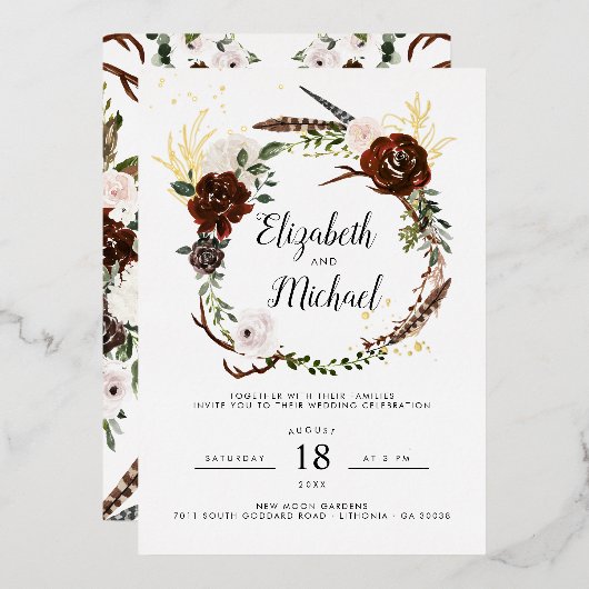 Rustic Floral | Boho Botanical Wedding Invitation Folie Uitnodiging (Voorkant / Achterkant)