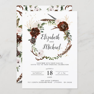 Rustic Floral   Boho Botanical Wedding Invitation Kaart