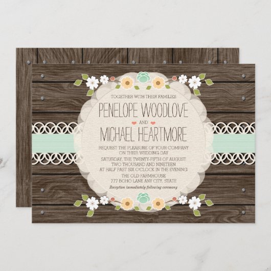 RUSTIC FLORAL BOHO WEDDING INVITATIONS KAART (Voorkant / Achterkant)
