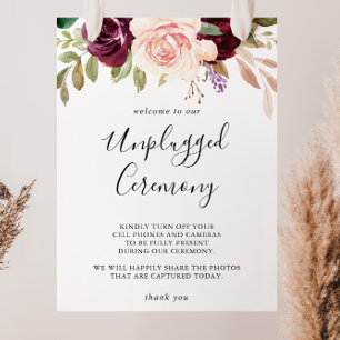 Rustic Floral Botanical Unplugged Ceremony Sign Poster