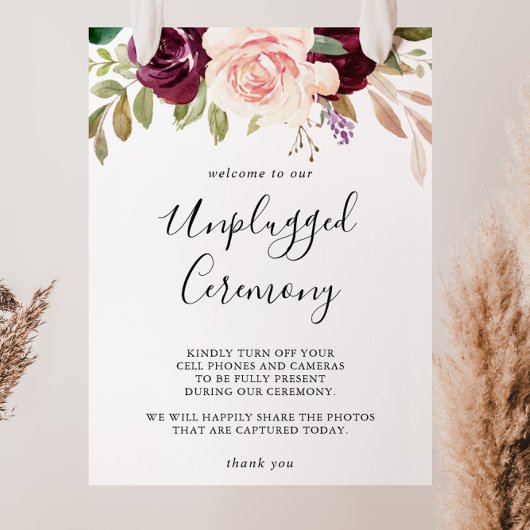 Rustic Floral Botanical Unplugged Ceremony Sign Poster